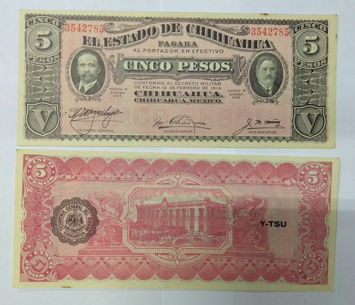Billete Revolución Mex. 5 Pesos. Estado De Chihuahua. 1915.