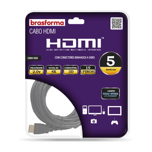 Cabo Hdmi 4k 3d 5 Metros - Brasforma Hdmi5005 - Envio Rápido