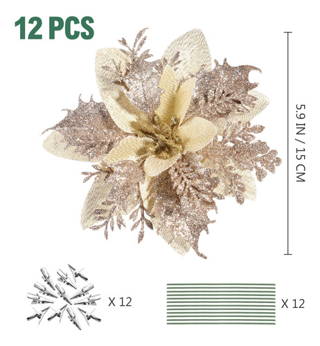 12 Unidades De Flores De Pascua Artificiales Con Purpurina N