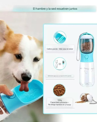 Botella 2 En 1 Para Agua Y Comida De Mascotas 550 Ml Gascky Celeste