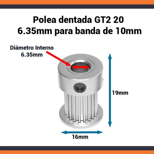 2 Pzs Polea Dentada Gt2 20 Dientes Eje 6.35mm De Banda 10mm