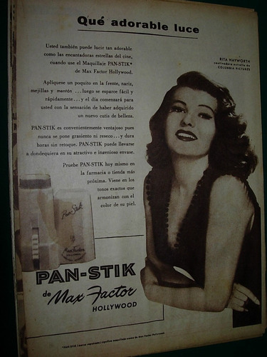Vintage Clipping Rita Hayworth Maquillaje Panstik Max Factor