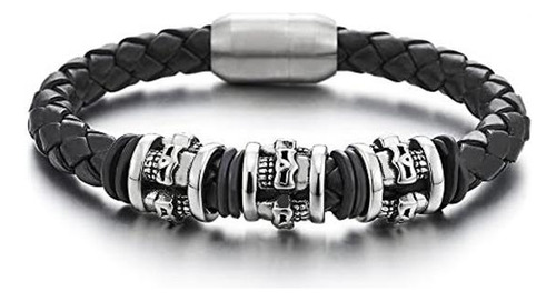 Coolsteelandbeyond Pulsera De Cuero Trenzado Negro Con Dijes