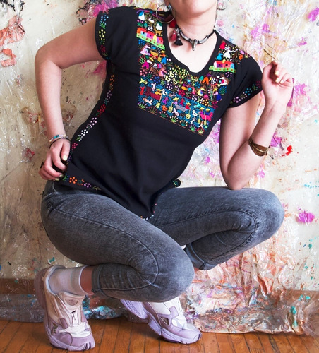 Blusa Top De Bordada Artesanal Negra De Algodón Talla M