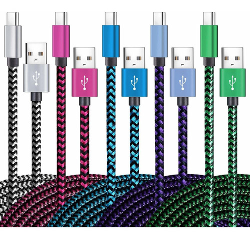 5 Cargadores Usb A Usb C 5 Colores Nylon Trenzado 6 Pies