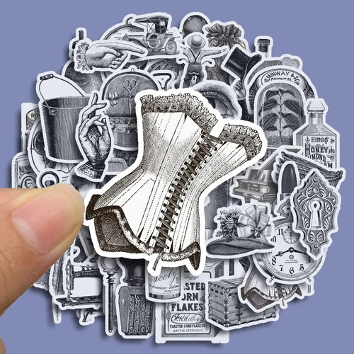 Set 60 Stickers Mundo Vintage Blanco Y Negro Scrapbooking