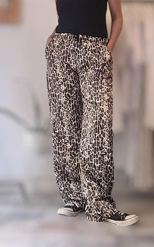 Pantalón Mujer Animal Print Satinado Cintura Elástica Recto
