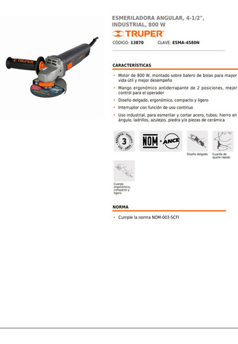 Esmeriladora Angular Industrial Uso Rudo 4 1/2'' 800w Truper