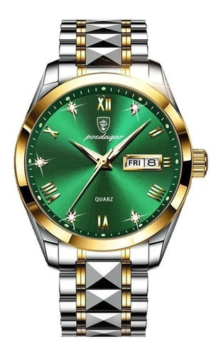 Relógio Poedagar Classic Masculino Luxo Quartzo Prata/verde Cor da correia Prata/Dourado Cor do bisel Dourado Cor do fundo Verde