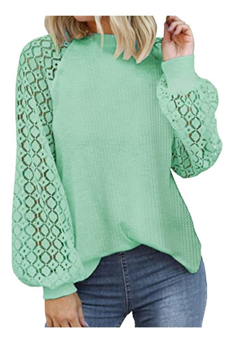 Dama Trendy Blouse Lace Waffle Knit Solid Color Casual