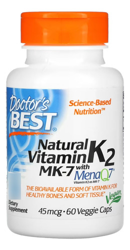 Vitamina K2 Mk-7 con Menaq7, 45 mcg, 60 cápsulas Doctor's Best Flavor, sin sabor