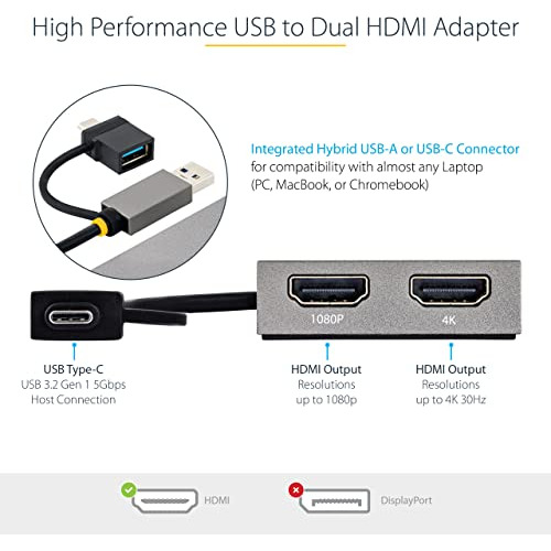 Startech.com Adaptador Usb 3.0 O Usb-c A Hdmi Dual Para Wind