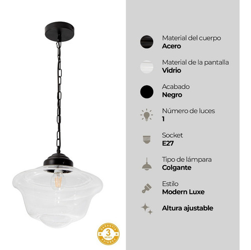Lámpara Colgante Techo Lumimexico Negro Mate 60w E27 1 Luz