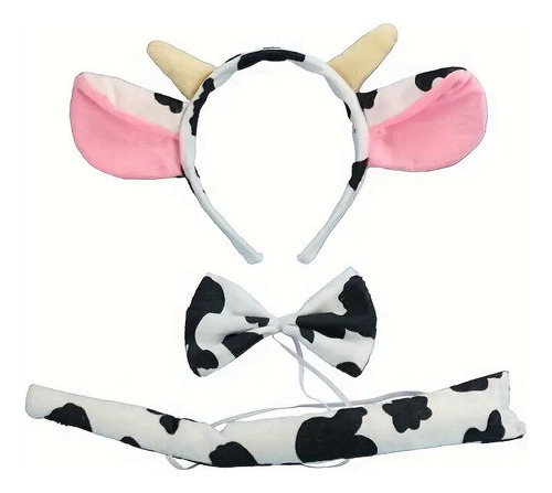 Set Diadema Orejtas Cuernitos De Vaca Cola Y Lazo Vaquita