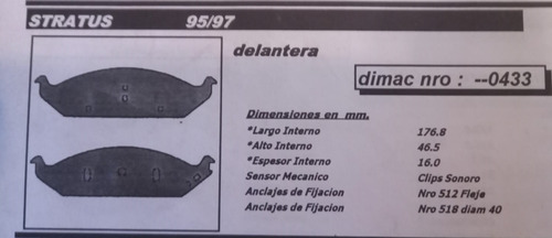 Pastillas Freno Delanteras Chrysler Stratus 1995/99