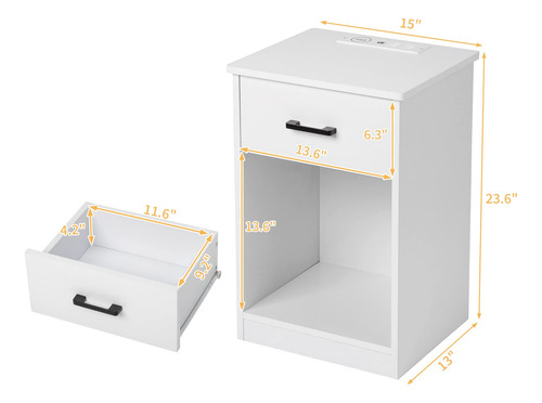 White Nightstand With Led Light Side Table With Drawers