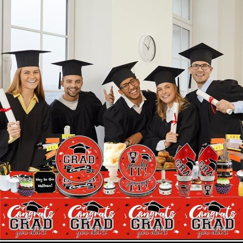 81 Piezas De Vajilla De Graduación Roja Y Negra Para La Clas