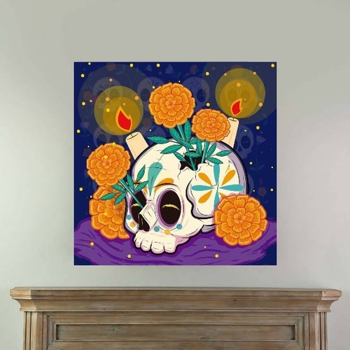 Cuadro Decorativo Calavera Flores Dia De Muertos 50x50