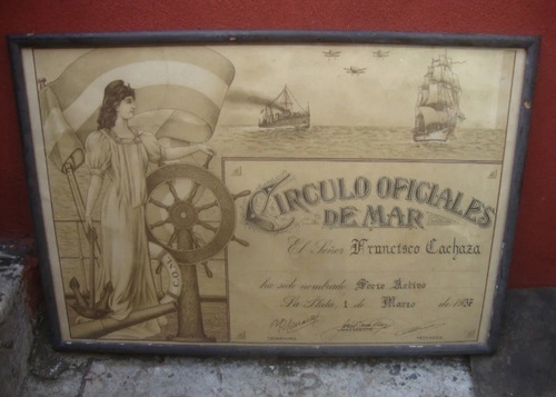 Antiguo Titulo Diploma Circulo Oficiales De Mar Firmado 1937 (Usado)