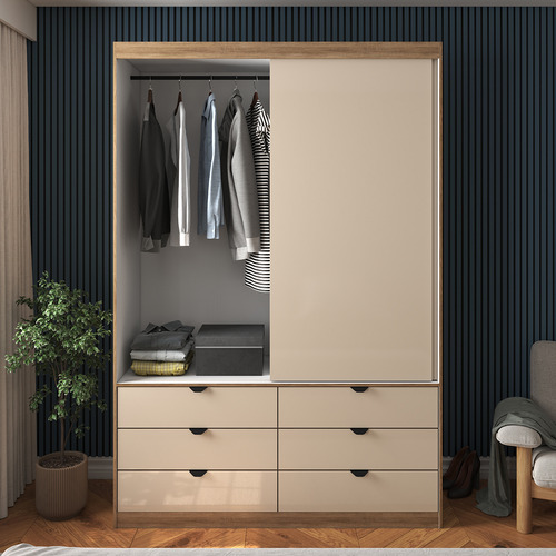 Guarda Roupa Solteiro Gauta 2 Portas 6 Gavetas MDF Com Espelho - Cor Off White Com Madeirado