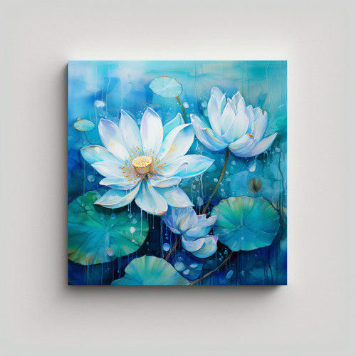 50x50cm Cuadro Acuarela Flores Loto Turquesa Y Azul Flores