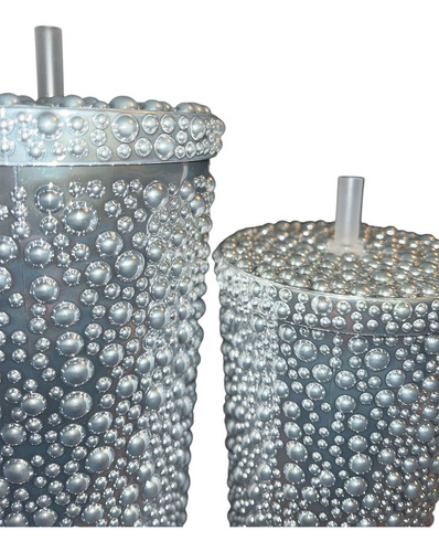 Dúo Vaso Plata De Perlas + Popotes | Set 2 Vasos Plástico Para Té De Burbujas | Ideal Para Batidos, Smoothies, Shakes Y Bebidas Frías O Calientes | Reutilizable Y Resistente