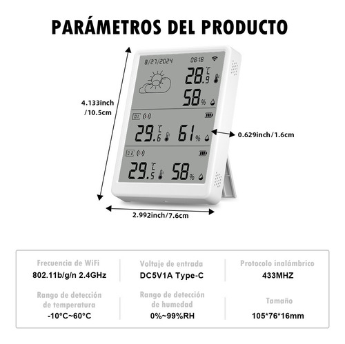 Tuya Smart Life Termohigrometro, Techwolf Kit Monitor Inteligente Wifi Temperatura Y Humedad Con 1 Host Wifi Y 2 Sensores 433mhz(funciona Sin Wifi) Para Hogar Invernaderos, Compatible Con Alexa Google