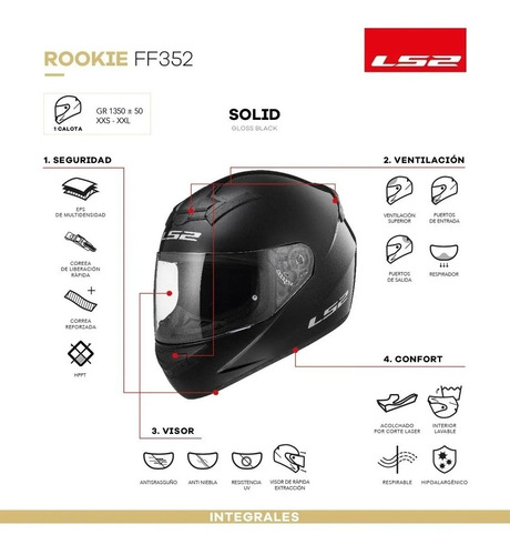 Imagen 4 de 7 de Casco Moto Integral Ls2 352 Rookie Negro Brillo