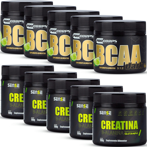 Kit 5 Bcaa Dark 150g Pro Corps + 5 Creatina 100g Sense Sabor Tangerina