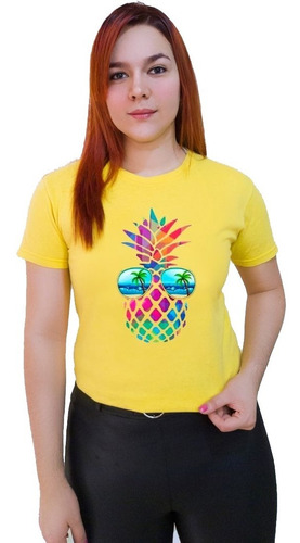 Polera Dama Estampada 100%algodon Diseño Piña De Colores