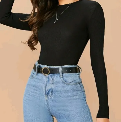 Camisetas Cuello Redondo Manga Larga Canalada. Shein