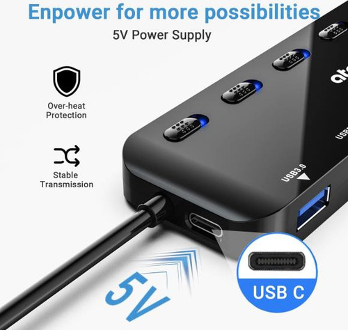 Atolla Hub Splitter Usb 3.0 De 7 Puertos, Extensor Usb Hub U