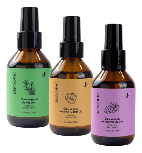 Super Kit Óleos Vegetais Alecrim Rícino Semente De Uva 100ml