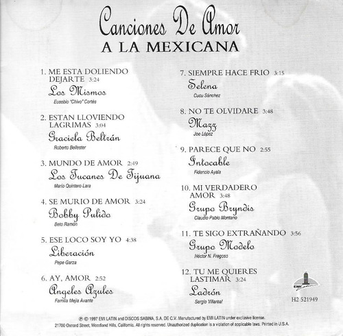 Cd Canciones De Amor A La Mexicana 12 Súper Éxitos C/ Selena | Parcelamento  sem juros