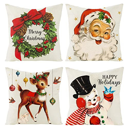 Juego De 4 Fundas De Almohada De Navidad Vintage, 18x18...