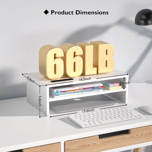 Soporte De Monitor De Madera Blanca De 2 Niveles Con Almacen