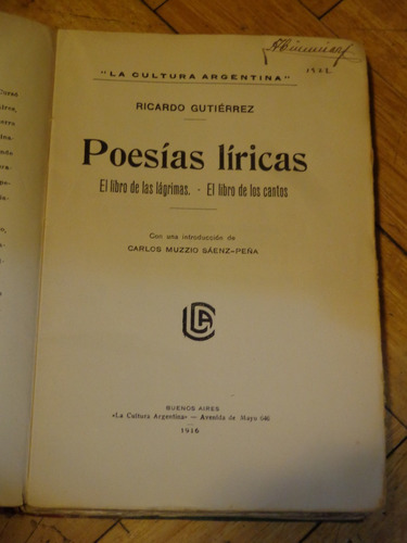 Ricardo Gutierrez. Poesías Líricas. El Libro De Las Lágrimas