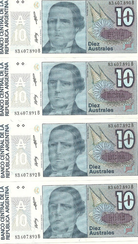 Argentina : 4 Billetes De 10 Australes  B  Correlativos S/c