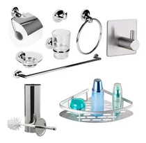 Comprar Set Accesorios Baño Completo Ducha Acero Inoxidable Toalla Toallero Esquinero Acero Cepillo Inodoro Jabonera Porta Rollo Levys Bazar Color Plateado
