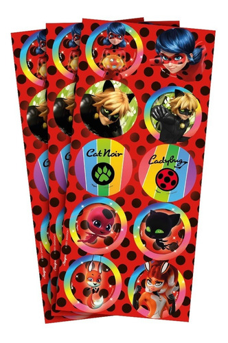 30 Adesivos Ladybug E Cat Noir - 3 Cartelas 10 Adesivos Cada