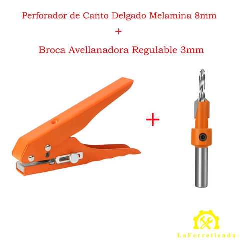 Perforador Canto Melamina Tapa Tornillos +  Avellanador 3mm