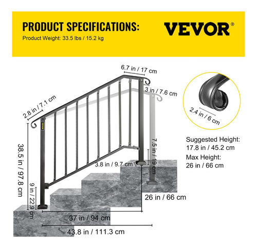 Vevor Barandal De Pasamanos De Escaleras 3 O 4 Pasos Hierro Color Negro