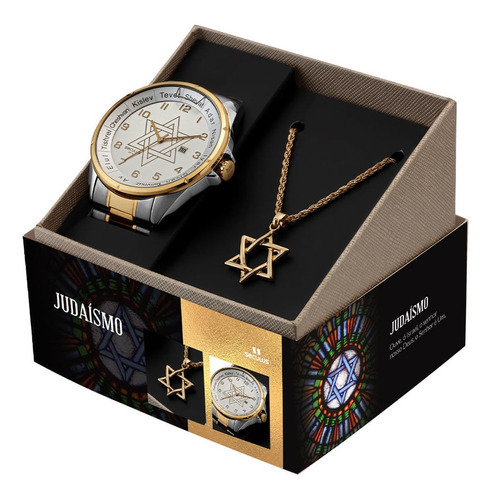 Kit Relógio Masculino Com Colar Judaísmo Prata E Dourado Sec