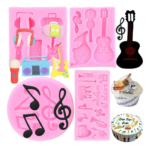 4pcs Molde De Silicona Música Boombox Guitarra Fondant