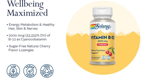 Vitamina B-12 Cianocobalamina 2000 mcg (90 comprimidos) Solaray Cherry Flavor