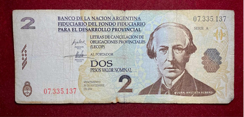 Billete Bono 2 Lecop 2001 Argentina Col 200 Olivera Scala