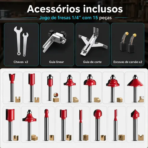Tupia Elétrica Fixitfast 800W 15 Acessórios Para Madeira e