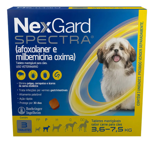3 Comprimidos antiparasitário para pulga carrapato vermes sarnas Boeringer Ingelhein NexGard Antipulgas Spectra para cão de 3.6kg a 7.5kg