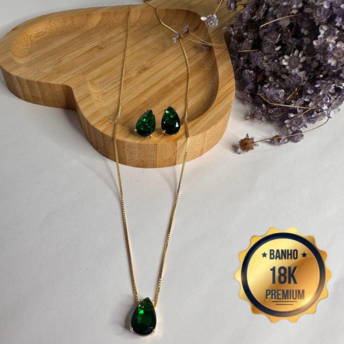 Conjunto Colar Brinco Gota Verde Folheado Ouro 18k Envi Full Cor Dourado
