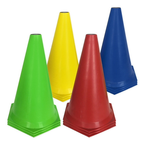 Kit com 12 Cone de Marcação de Plástico Muvin – 24cm – Treino Funcional – Agilidade – Treinamento – Circuitos – Desempenho – Fortalecimento - Resistente – Cor Azul/Amarelo/Vermelho/Verde